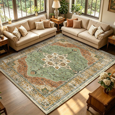 YARNSCAPE 6' x 9' Machine Washable Area Rug, Non-Slip Low-Pile Carpet