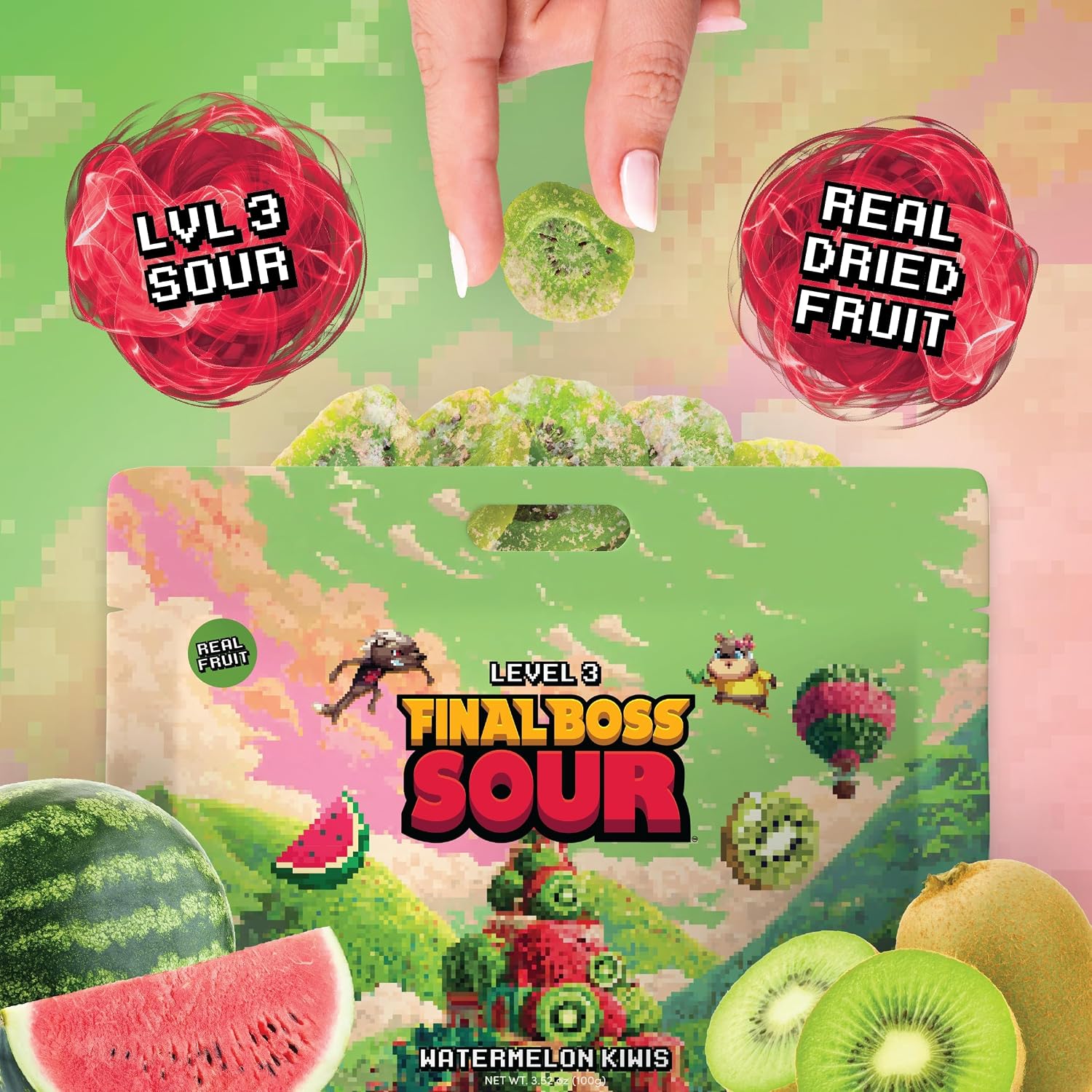 Final Boss Sour Fruit Candy, Watermelon Kiwi, Level 3, 1 Pack