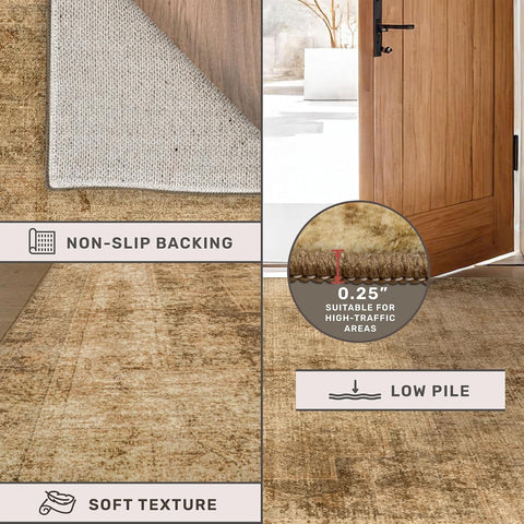 Washable 2x3 Small Entryway Rugs Indoor, Gold and Brown Area Rug for Kitchen, Bathroom, Farmhouse Medallion Indoor Décor, Non Slip Low Pile Stain Resistant Carpet, Distressed Design