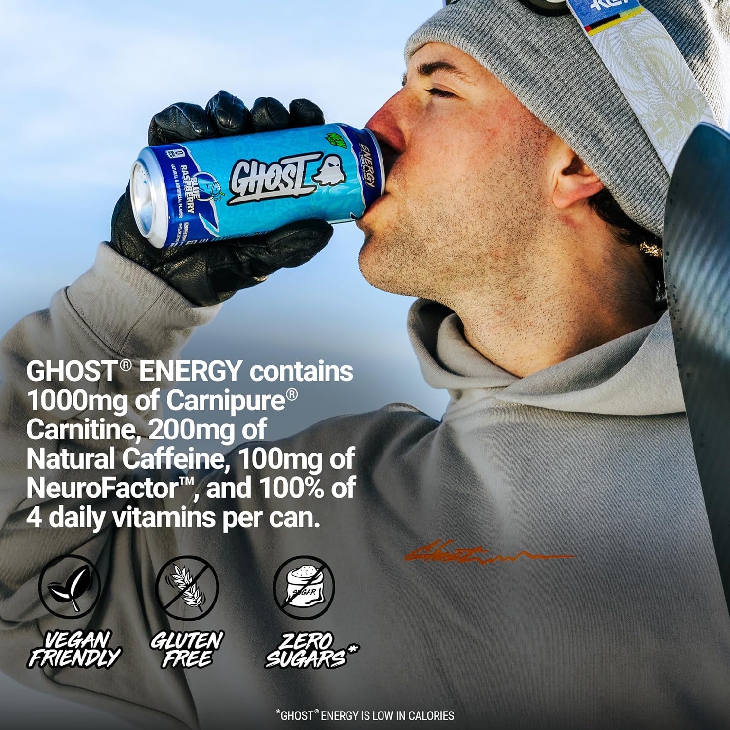 GHOST Energy Drink, Zero Sugars, 12-Pack, Blue Raspberry, 16oz
