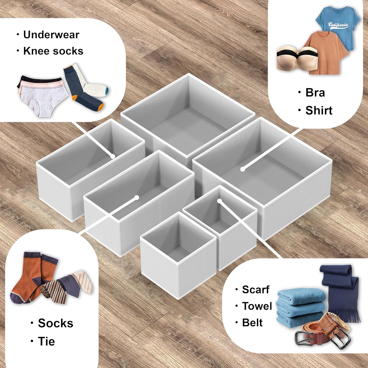 Simple Houseware Underwear Drawer Organizer, Set of 6, Gray