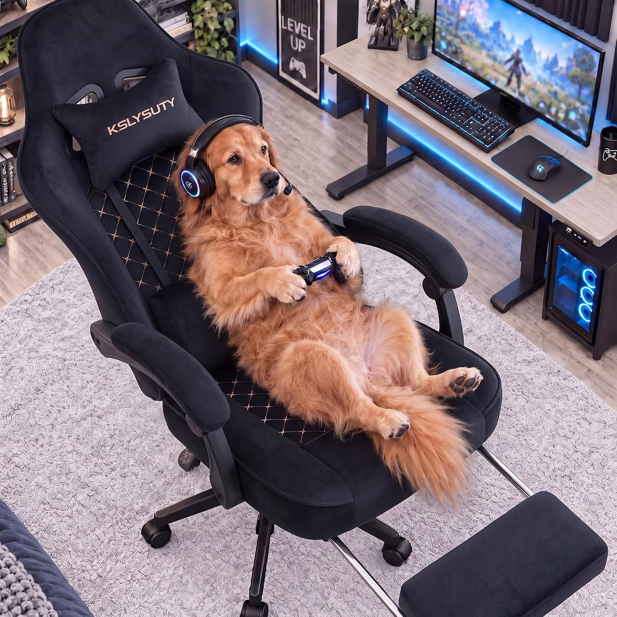 Desk Computer Gaming Chair - High Back Ergonomic Office Chair with Footrest and Lumbar Support, Swivel Comfy Home Gamer Video Game Chairs with Pocket Spring Cushion for Adults (Black Fabric)