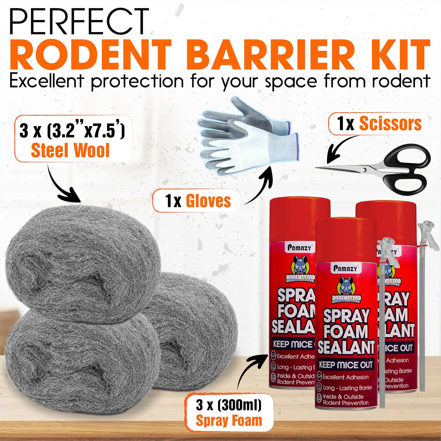 Rodent Barrier Kit 3PCS Steel Wool+3PCS Spray Foam Hole Filler Mice Control