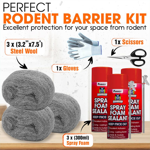Rodent Barrier Kit 3PCS Steel Wool+3PCS Spray Foam Hole Filler Mice Control