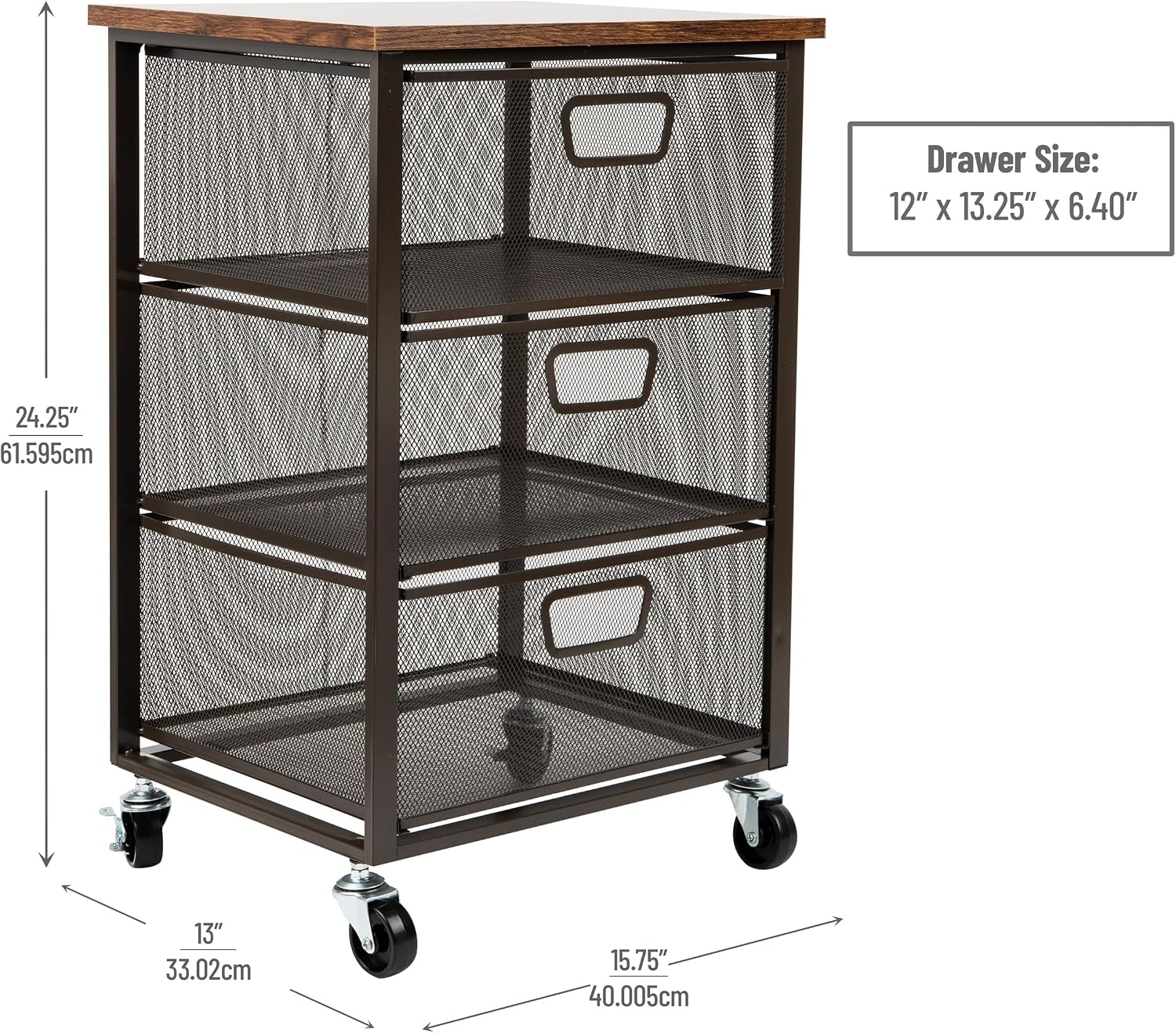 Mind Reader 3 Drawer Storage Organizer with Wood Top, Rolling Office Organizer Cabinet with Wheels, Office, Metal Mesh, Black