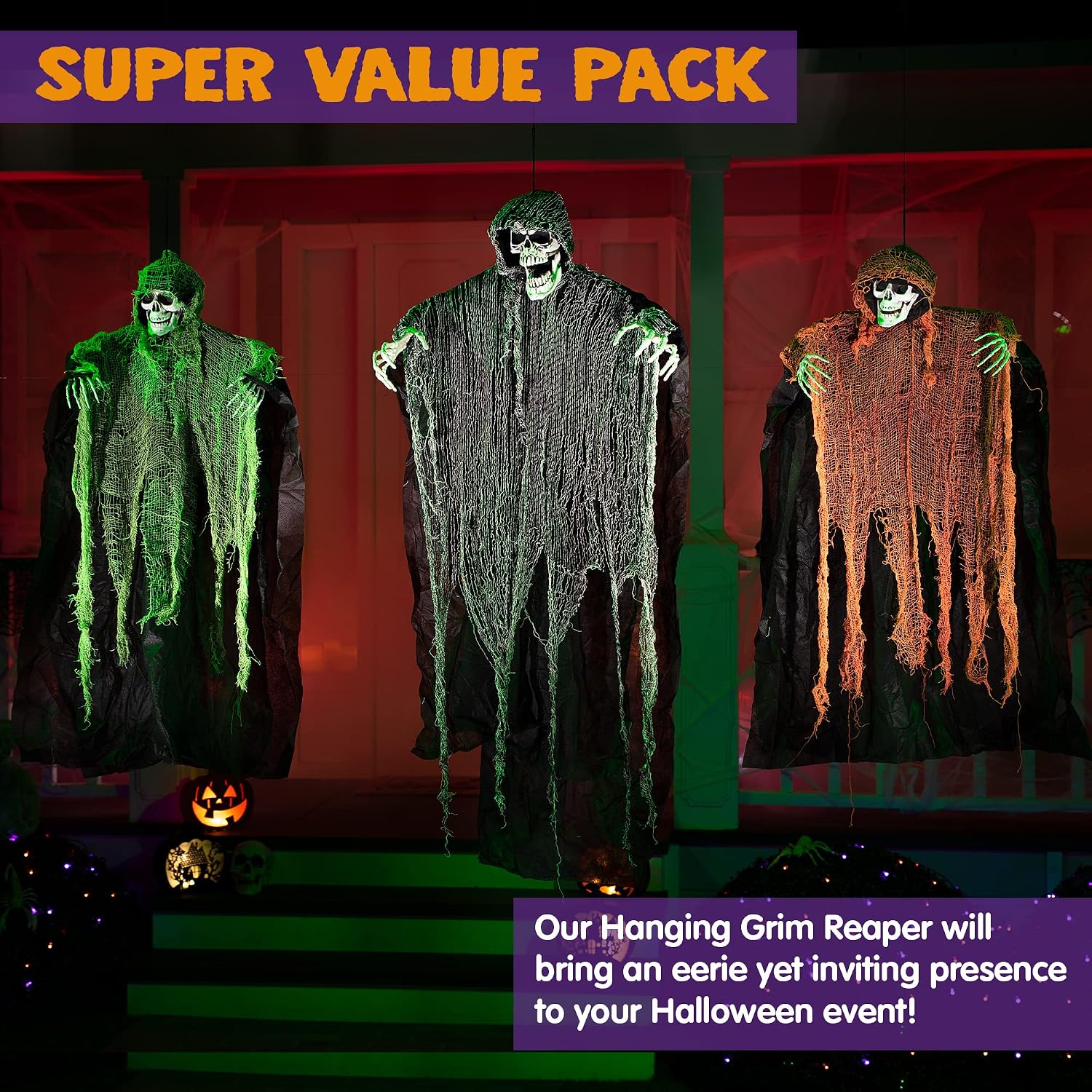 JOYIN Halloween Hanging Grim Reapers (3 Pcs), One 47” and Two 35” Grim Reapers, Halloween Skeleton Flying Ghost for Haunted House Prop Décor, Outdoor Indoor Décor