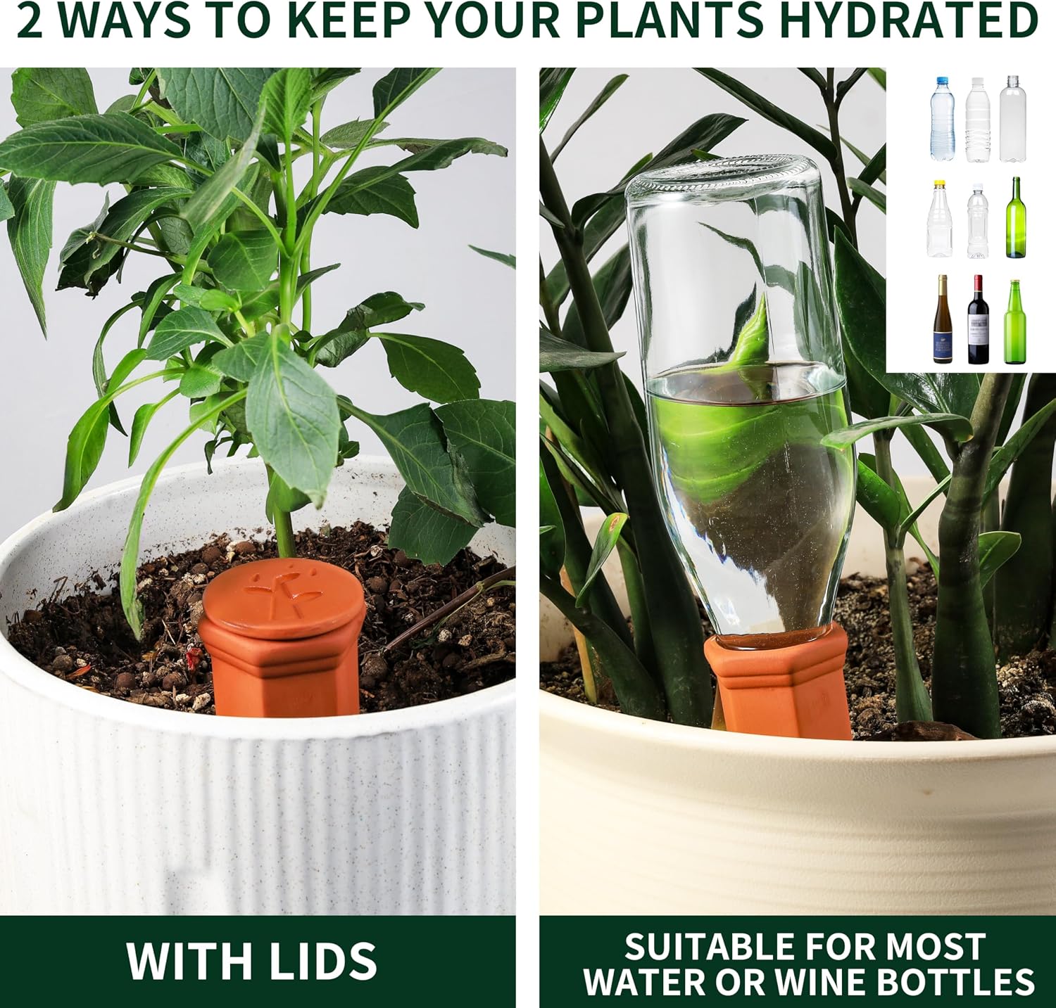 Soilagua Large Terracotta Watering Spikes with Lids, Automatic Plant Waterer Outdoor | Indoor, Vacation Friendly Clay Plant Watering Devices System, Slow Release Self Watering Planter Insert, 4 Pack