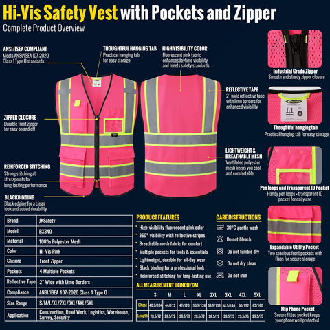 JKSafety Safety Vest for men women Reflective Vest with Pockets and Zipper High Visibility Vests BX340