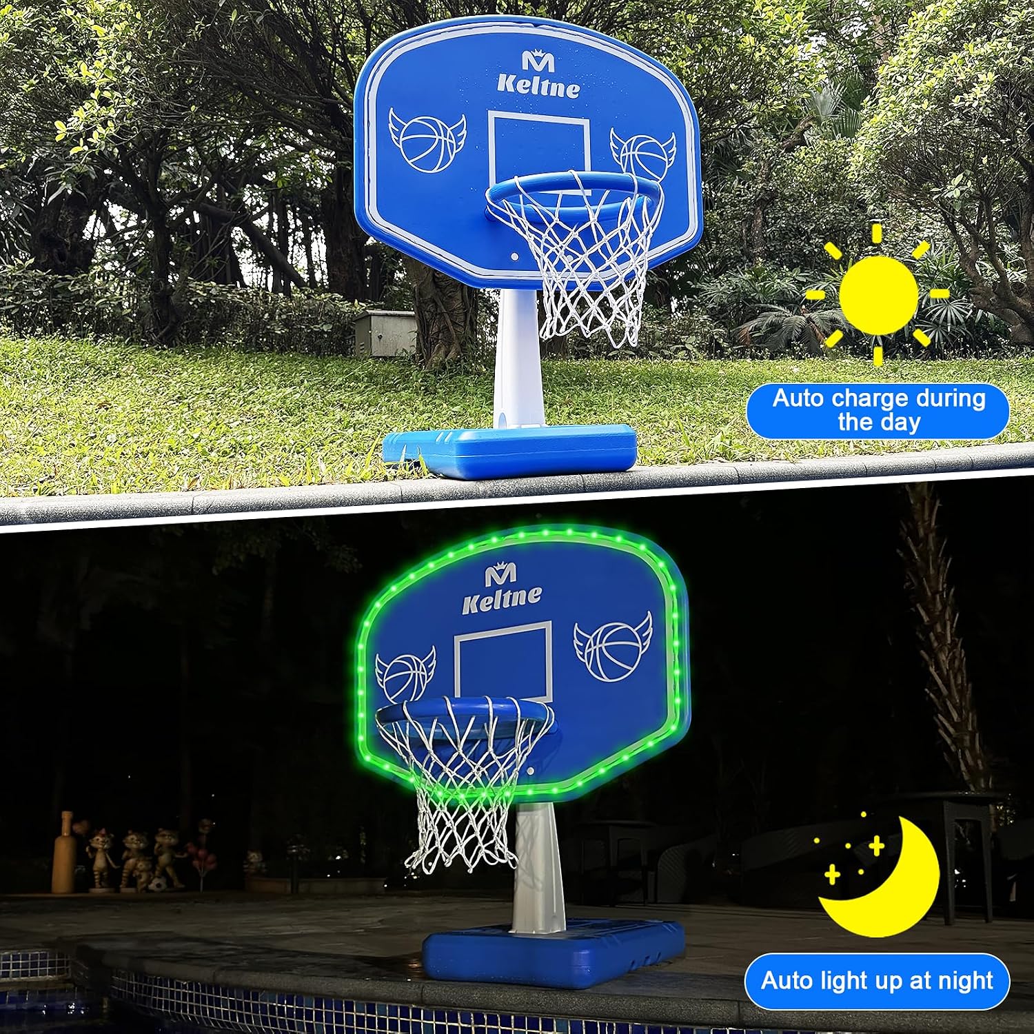 LED Pool Basketball Hoop Poolside, Super Bright Large Solar Powered Basketball Hoop for Pool, Swimming Pool Basketball Game Toys with Lengthen Sturdy Base for Kids Adults, Includes 2 Balls and Pump