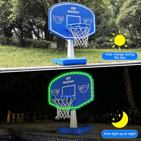 LED Pool Basketball Hoop Poolside, Super Bright Large Solar Powered Basketball Hoop for Pool, Swimming Pool Basketball Game Toys with Lengthen Sturdy Base for Kids Adults, Includes 2 Balls and Pump
