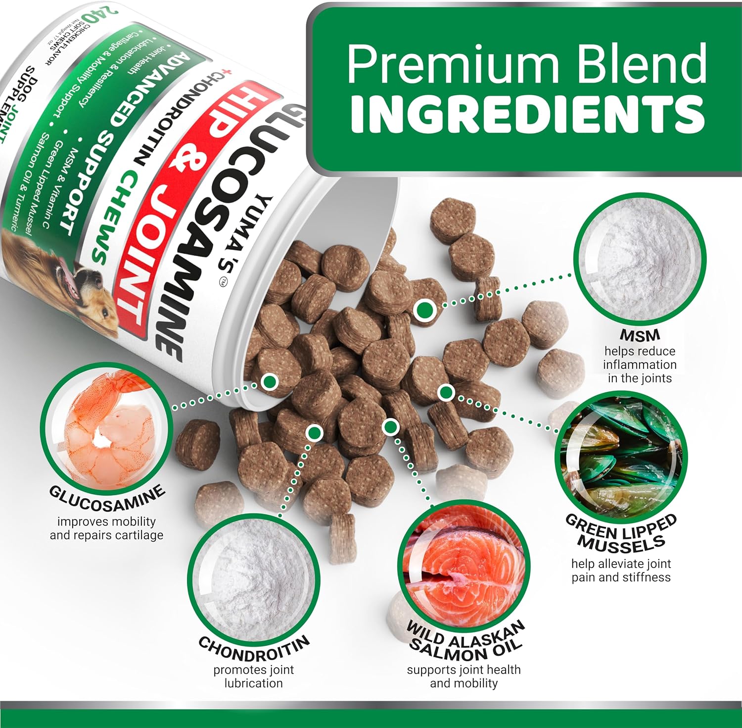 YUMA'S Glucosamine for Dogs - 240 Chews - Hip & Joint Supplement for Dogs