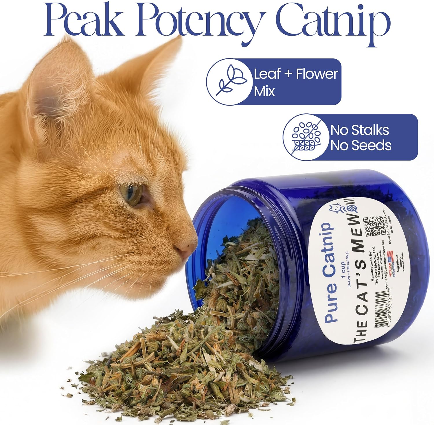 The Cat's MeWow 100% Pure Catnip – North American Grown – Strong Aroma for Play & Enrichment – Resealable Freshness Jar – Veteran-Owned Brand