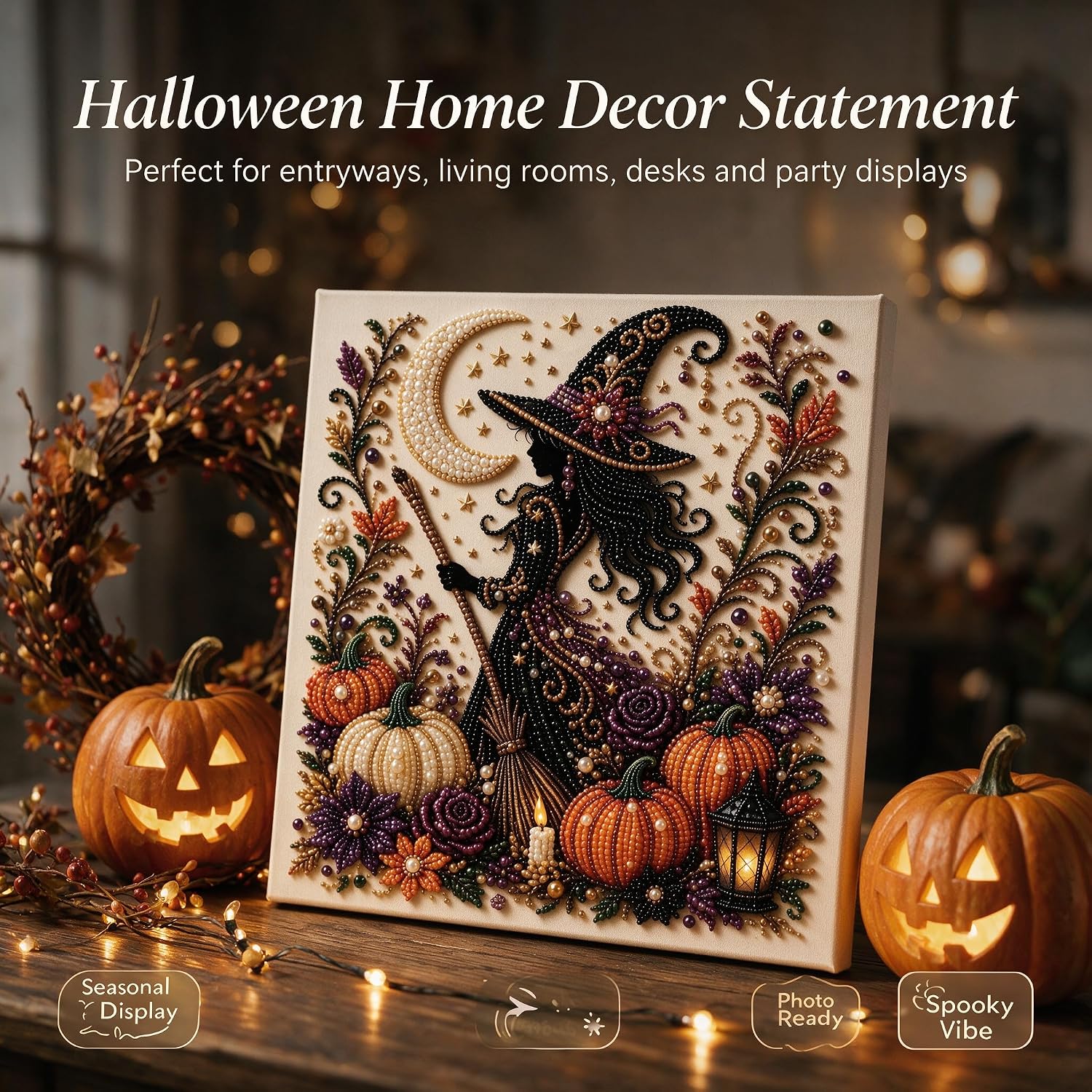 JOYGIEE Halloween Ghost Pearl Art DIY Kit, Spooky Cute 3D Diamond Painting Crafts for Adults, 11.8 * 11.8ines No Frame, DIY Fall Home Decor Wall Art, Beginner DIY Seasonal Party Gift (Witch)