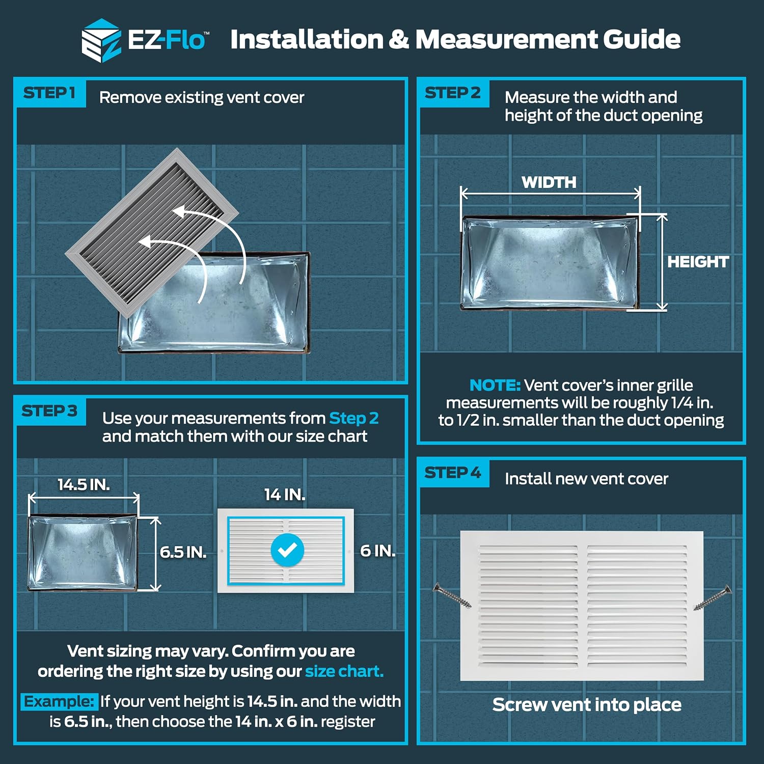 EZ-FLO 14 x 6 Inch (Duct Opening) Return Air Vent Cover for Wall or Ceiling, Solid Steel Return Air Grille, HVAC Vent Cover, White, 61628