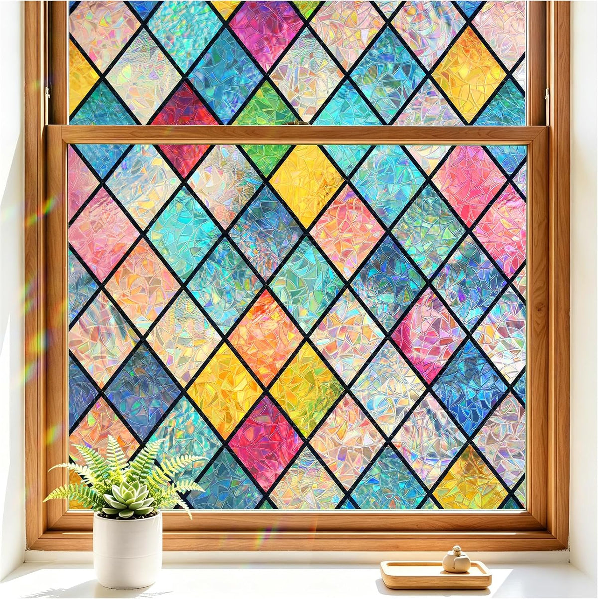 Haton Stained Glass Window Film, Rainbow Lattice Stickers, 29.5" x 157.4"