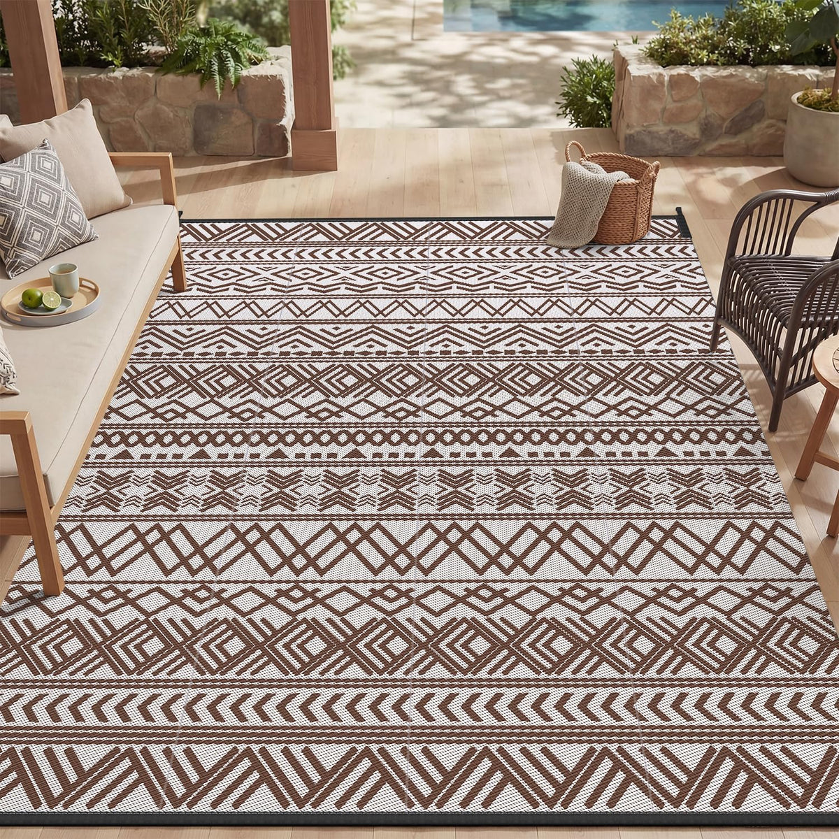 MontVoo Outdoor Rug Carpet Waterproof 5x8 Outdoor Patio Rug Mat Reverisble Plastic Straw Outdoor Rug for RV Camping Picnic Beach Balcony Boho Beige Brown