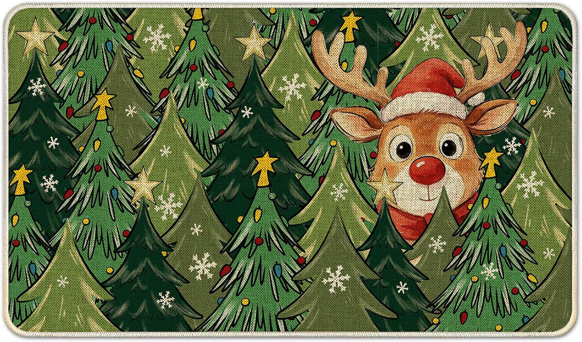 Hexagram Christmas Door Mat 17x29 Inch, Deer Tree Doormat Outdoor