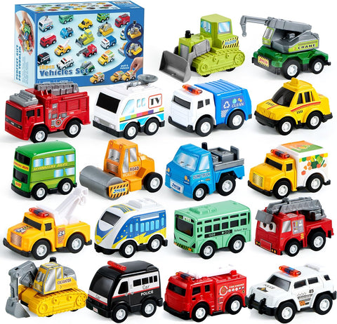 JOYIN 18 Pcs Pull Back City Cars and Trucks Toy Vehicles Set, Friction Powered Mini Cars Toys for Kids, Party Favors for Kids 3-5, Birthday Gifts for Boys and Girls, Goodie Bag Stuffers