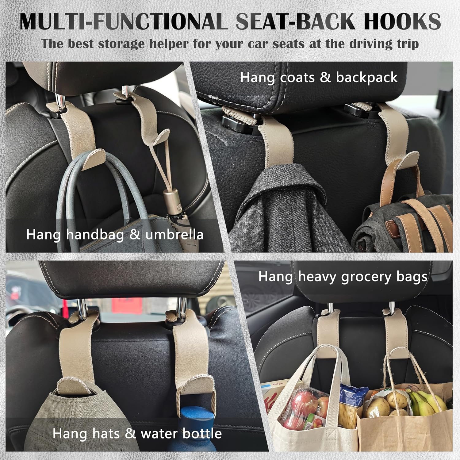Car Seat Headrest Hook 55lb Heavy Duty Metal Hanger with Leather for Bags