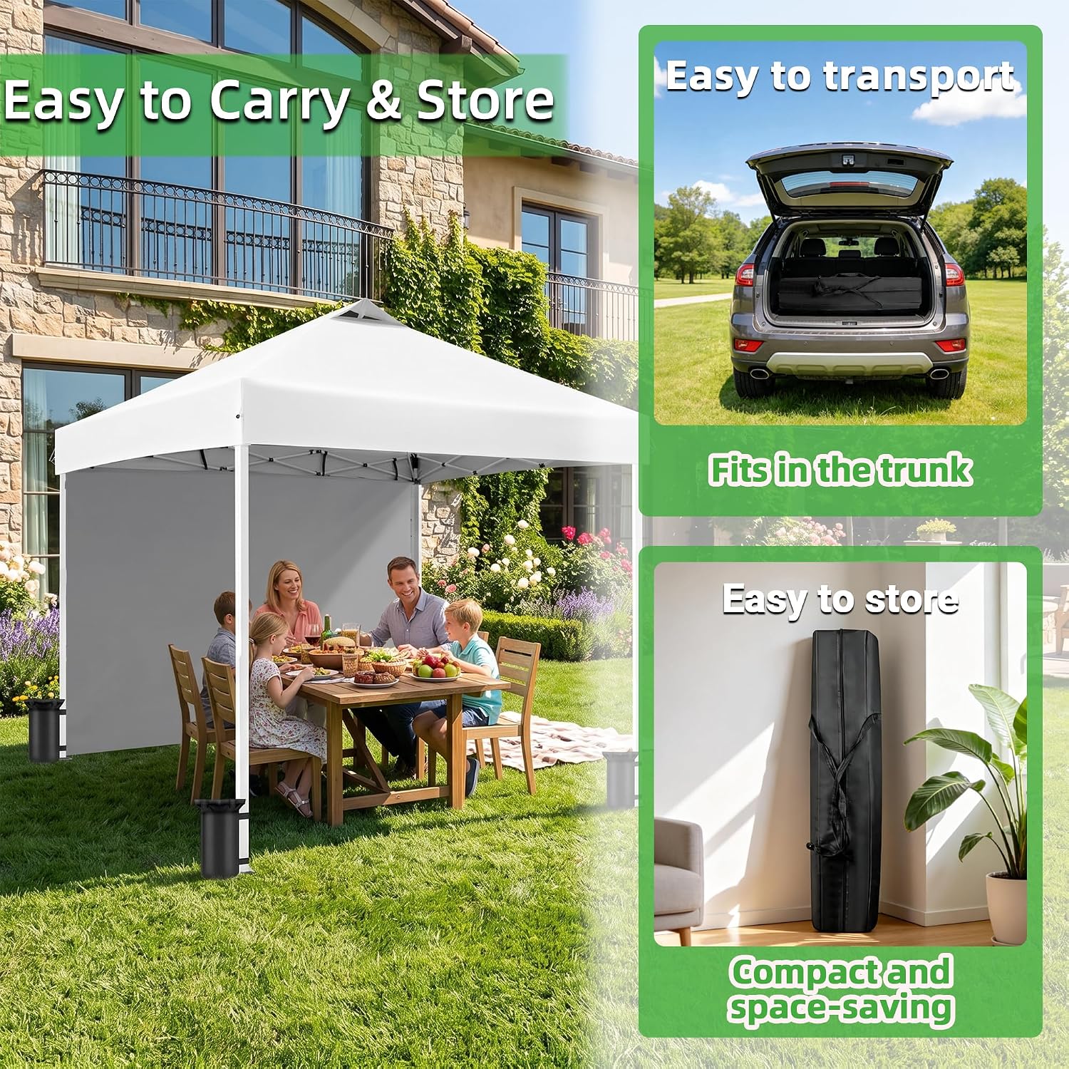 10X10FT Pop Up Gazebo, Adjustable Height Outdoor Canopy Tent with 1 Sidewall, Roller Carrybag, Ground Spikes & Sandbags for Camping, Patio, Backyard, Events, White
