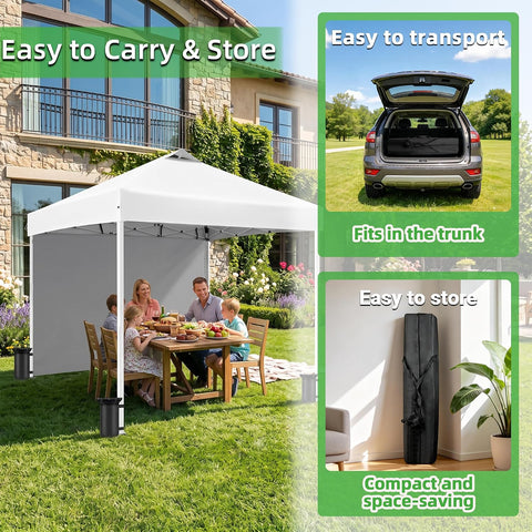 10X10FT Pop Up Gazebo, Adjustable Height Outdoor Canopy Tent with 1 Sidewall, Roller Carrybag, Ground Spikes & Sandbags for Camping, Patio, Backyard, Events, White