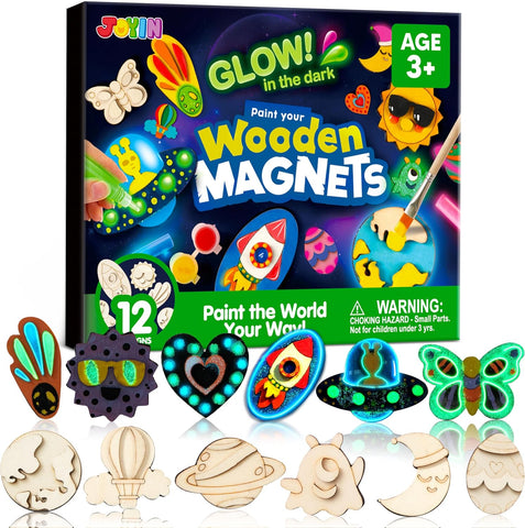 JOYIN 12 Glow in The Dark Wooden Magnets for Kids, Paint Your Own Arts and Crafts Painting Kit, Halloween Crafts Birthday Parties and Family Crafts Gift, Party Favors for Boys Girls Ages 3+