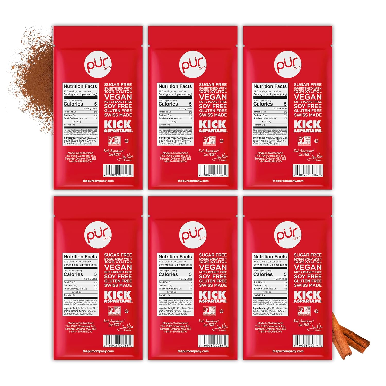 PUR Gum, Cinnamon, Xylitol Gum, No Artificial Flavor, 330 Count (6x55)