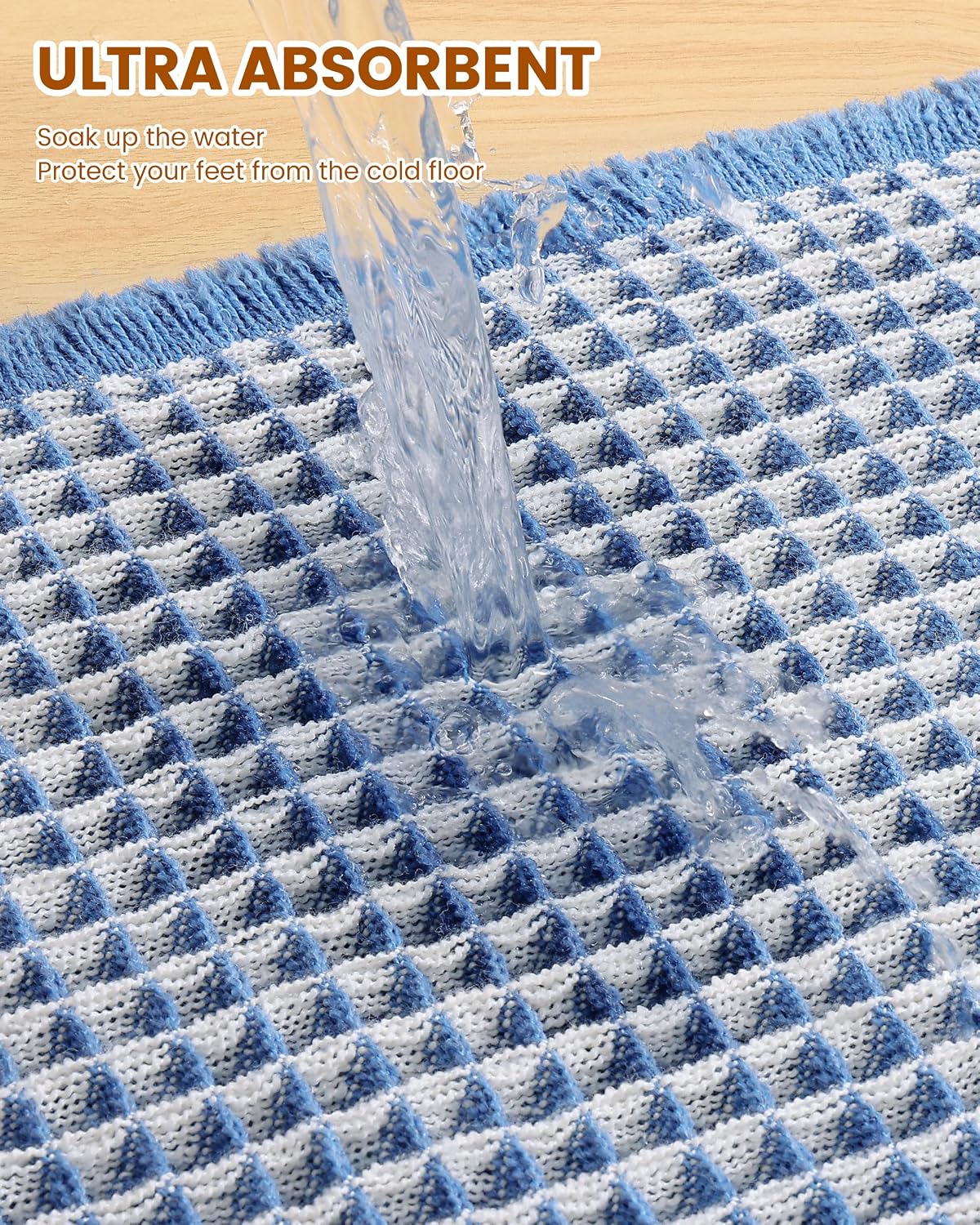 Smiry Waffle Bath Mat 72X24, Soft Absorbent Bathroom Rugs, Blue & Cream