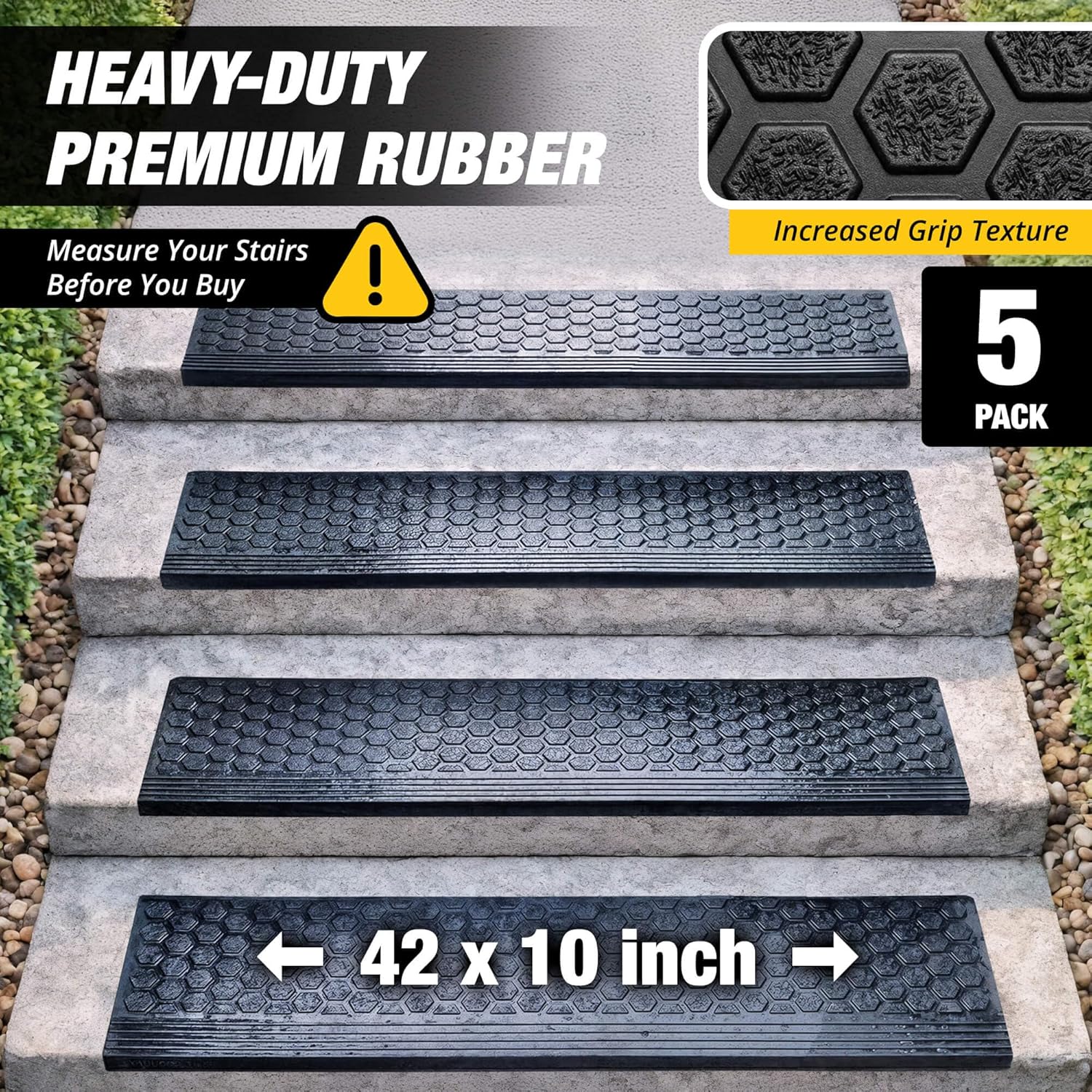 Rubber Stair Treads Outdoor 42" x 10" 5-Pack - Heavy-Duty Non-Slip Rubber