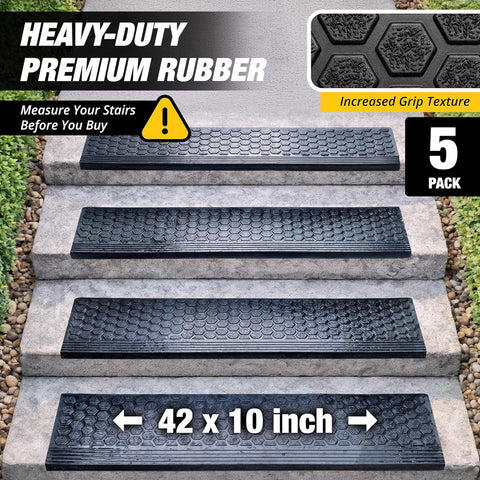 Rubber Stair Treads Outdoor 42" x 10" 5-Pack - Heavy-Duty Non-Slip Rubber