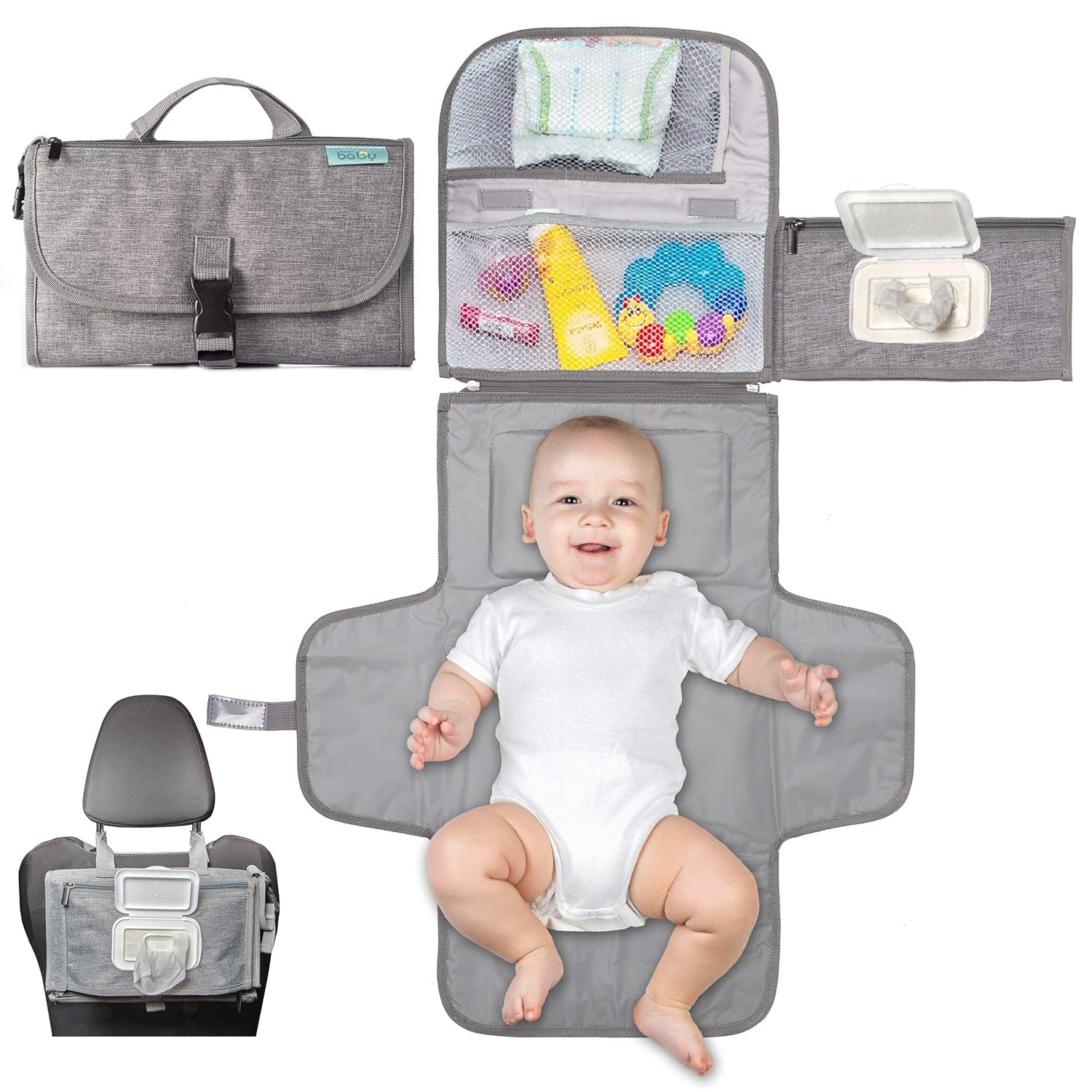 Kopi Baby Portable Diaper Changing Pad with Wipes Pocket, Classic Grey