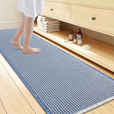 Smiry Waffle Bath Mat 72X24, Soft Absorbent Bathroom Rugs, Blue & Cream