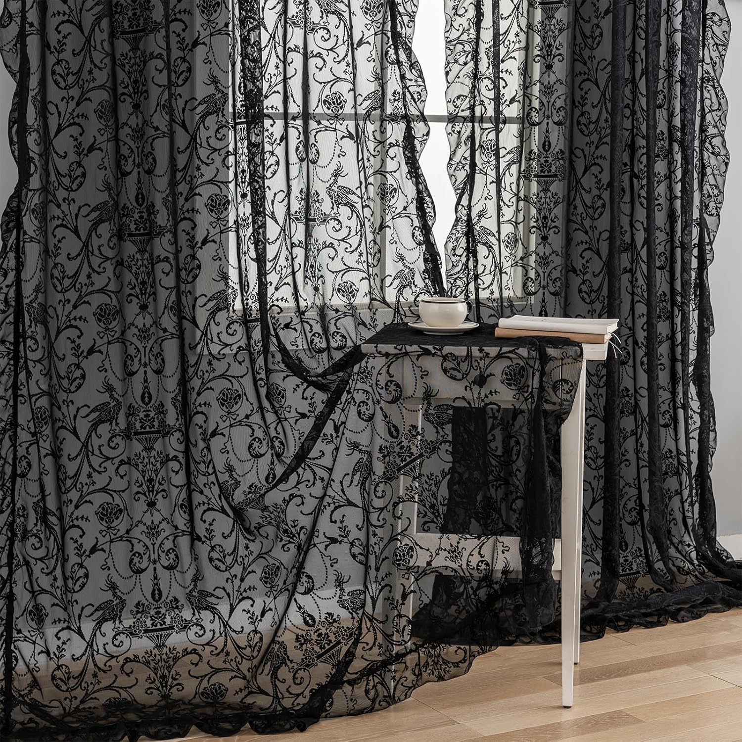 TUDECO Black Sheer Curtains 84 Inches Long - Shabby Chic Knitted Floral Halloween Decor, Lace Curtains Privacy Goth/Witchy Dark Window Treatments for Living Room Rod Pocket 1 Pair, 59 x 84 Inch