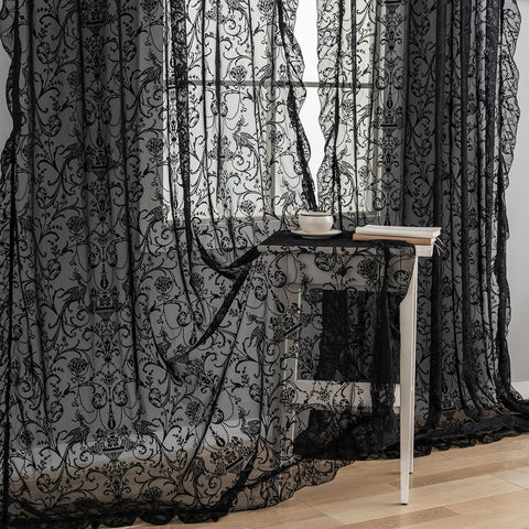 TUDECO Black Sheer Curtains 84 Inches Long - Shabby Chic Knitted Floral Halloween Decor, Lace Curtains Privacy Goth/Witchy Dark Window Treatments for Living Room Rod Pocket 1 Pair, 59 x 84 Inch