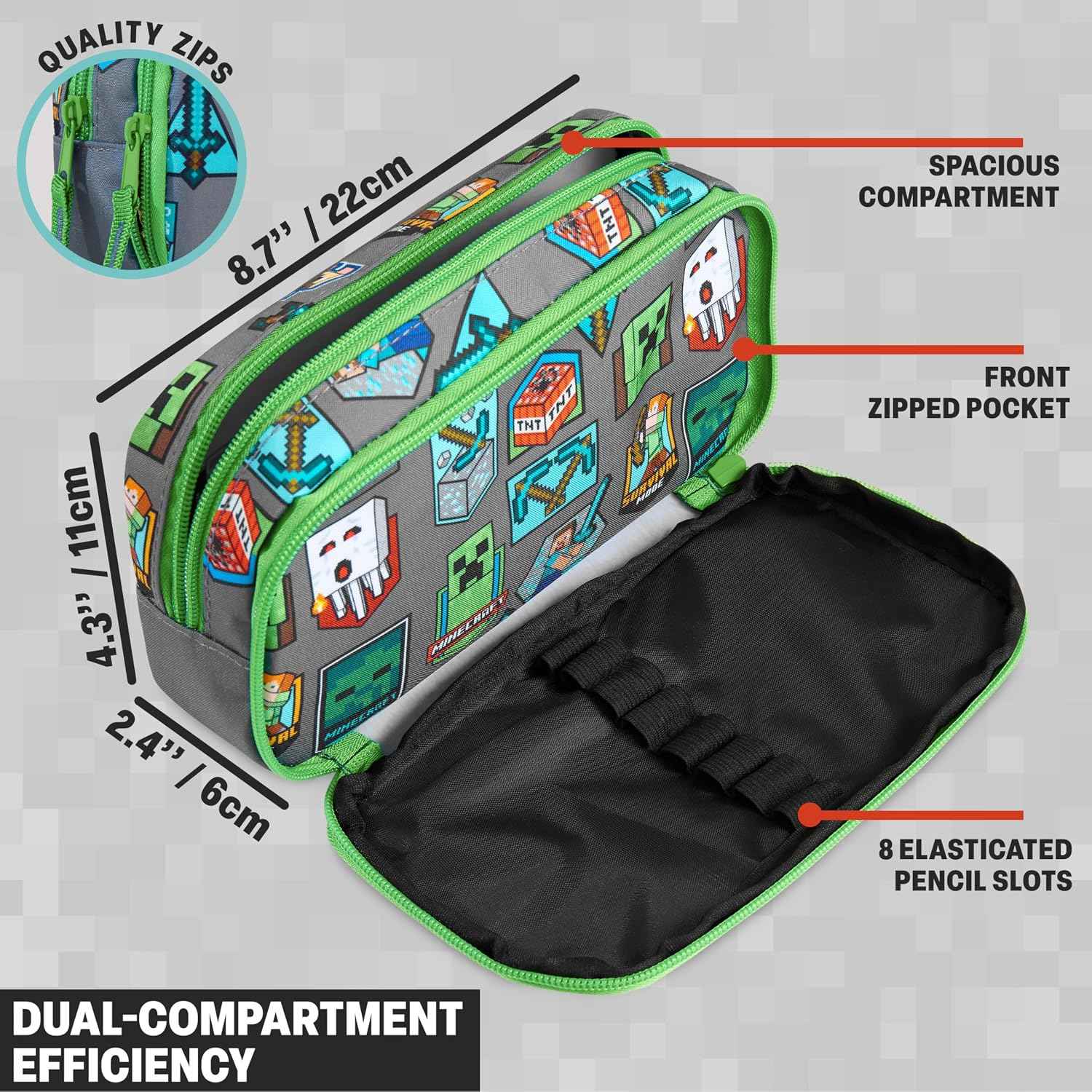 Get Trend Minecraft Pencil Case for Boys, Pencil Pouch with 2 Zipped Compartments, Back-to-School Marker & Pen Case, Organizer for School Supplies, Stationery, Gamer Gifts (Green/Multi Minecraft)