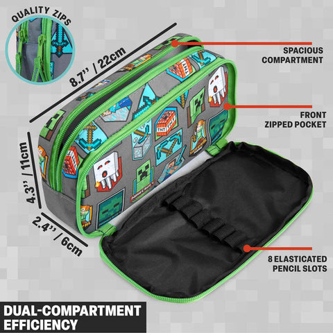 Get Trend Minecraft Pencil Case for Boys, Pencil Pouch with 2 Zipped Compartments, Back-to-School Marker & Pen Case, Organizer for School Supplies, Stationery, Gamer Gifts (Green/Multi Minecraft)