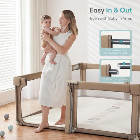 Baby Playpen Portable, Pre-Assembled Play Pen 71x79 Large Foldable Playpen for Babies and Toddlers, Sturdy and Safe Toddler Play Yard Indoor Outdoor with Carry Bag, Dark Khaki