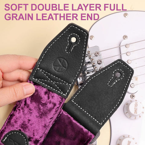 YIKOKO Guitar Strap 2 inch Velvet Guitar Straps with Full Grain Leather End, for Bass Electric and Acoustic Guitars, Free Strap Button, 2 Strap Locks and 4 Guitar Picks