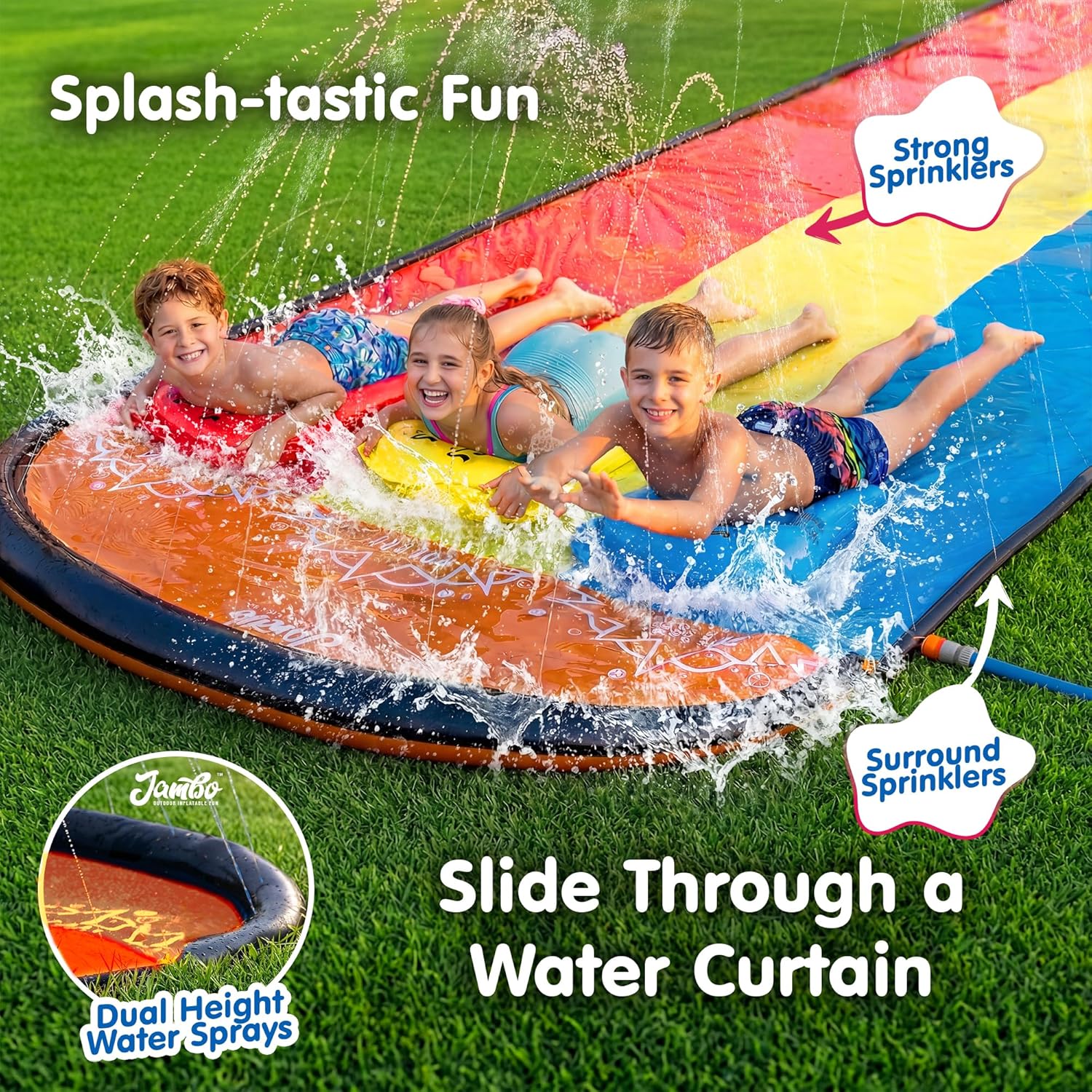JAMBO Premium Triple Water Slide with 3 Bodyboards, 20Ft Heavy Duty Slip Splash and Slides-Advanced 3-Way Sprinkler System, Splash Pad Mat Backyard Summer Outdoor Water Toys n Long Slides for Kids