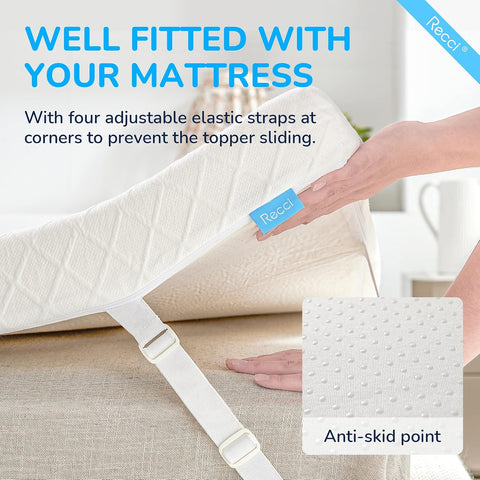 RECCI 2 Inch TwinXL Memory Foam Mattress Topper, College Dorm Pressure-Relieving Mattress Topper for Back Pain, Non-Slip Design with Removable & Washable Cover, CertiPUR-US Certified, TwinXL Size