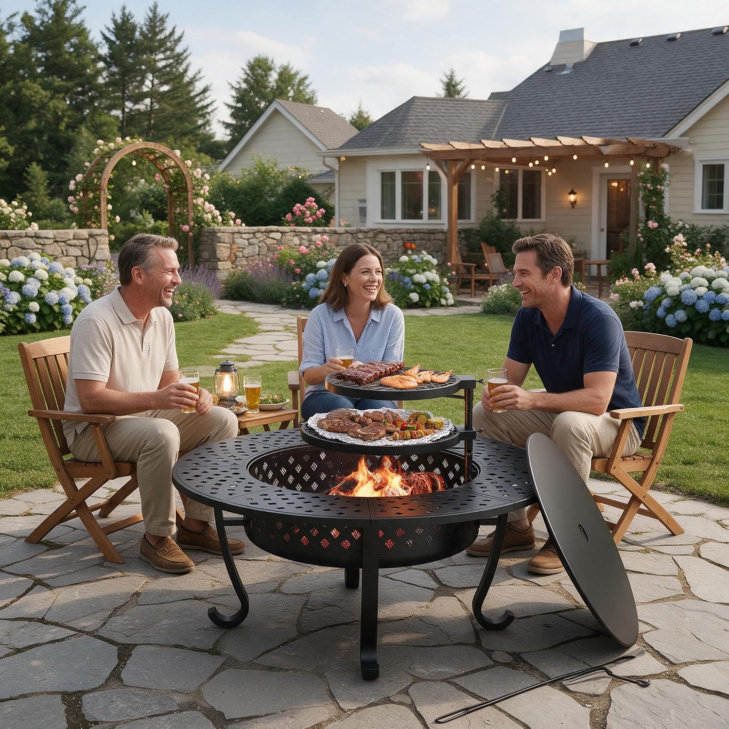43" Fire Pit, 3 in 1 Firepit with Adjustable 2 Grills for Patio, Party