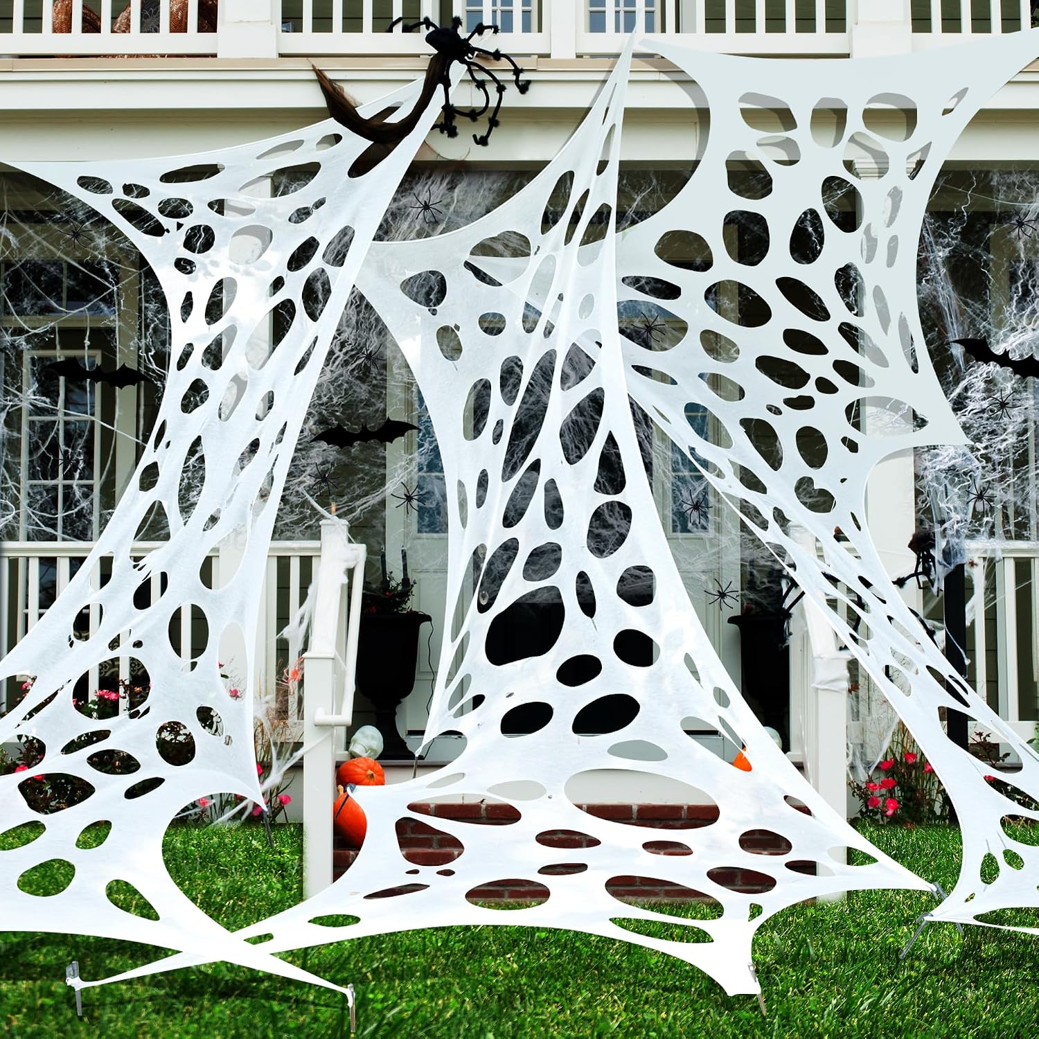 1360 Sqft Cuttable Stretchy Spider Web Halloween Decoration, White Giant Outdoor Beef Netting Halloween Spider Webs, DIY Spooky Gauze Cobweb Fake Spiders Bats for Yard Garden Party Decor (472" x 39")