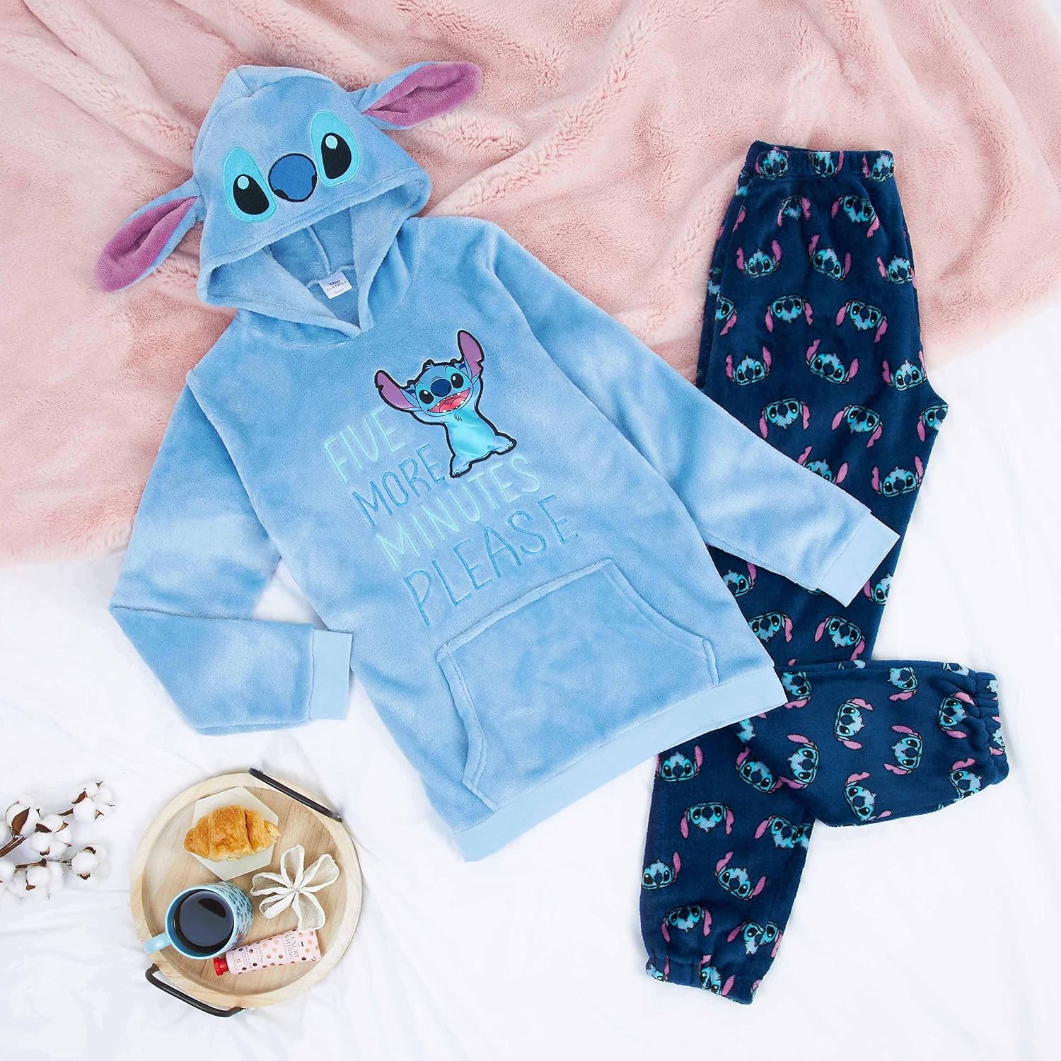 Disney Stitch Womens 2Pc Fleece Pajama Set, Plush Loungewear with Hood, Minnie Eeyore Simba S–XL Sleepwear Gifts for Women