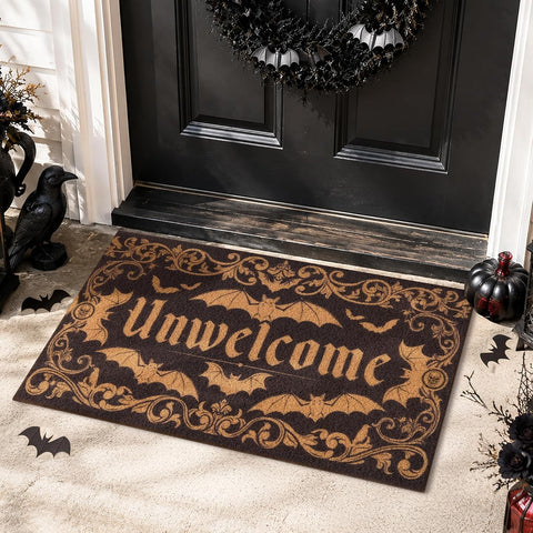 Halloween Door Mat Dark Gothic Bat Design Unwelcome Entrance Rug for Porch