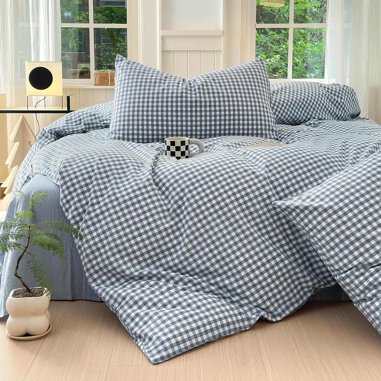 LifeTB Gingham Duvet Cover King 100% Washed Cotton Blue Plaid Duvet Cover 3 Pieces Boho Grid Comforter Cover with 2 Pillowcases Luxury Soft Gingham Bedding Set Buffalo Grid Duvet Cover King Size