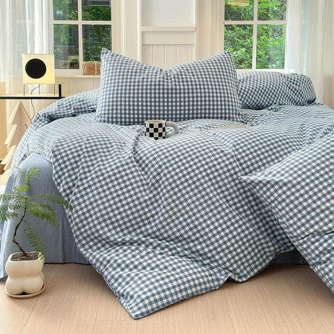 LifeTB Gingham Duvet Cover King 100% Washed Cotton Blue Plaid Duvet Cover 3 Pieces Boho Grid Comforter Cover with 2 Pillowcases Luxury Soft Gingham Bedding Set Buffalo Grid Duvet Cover King Size