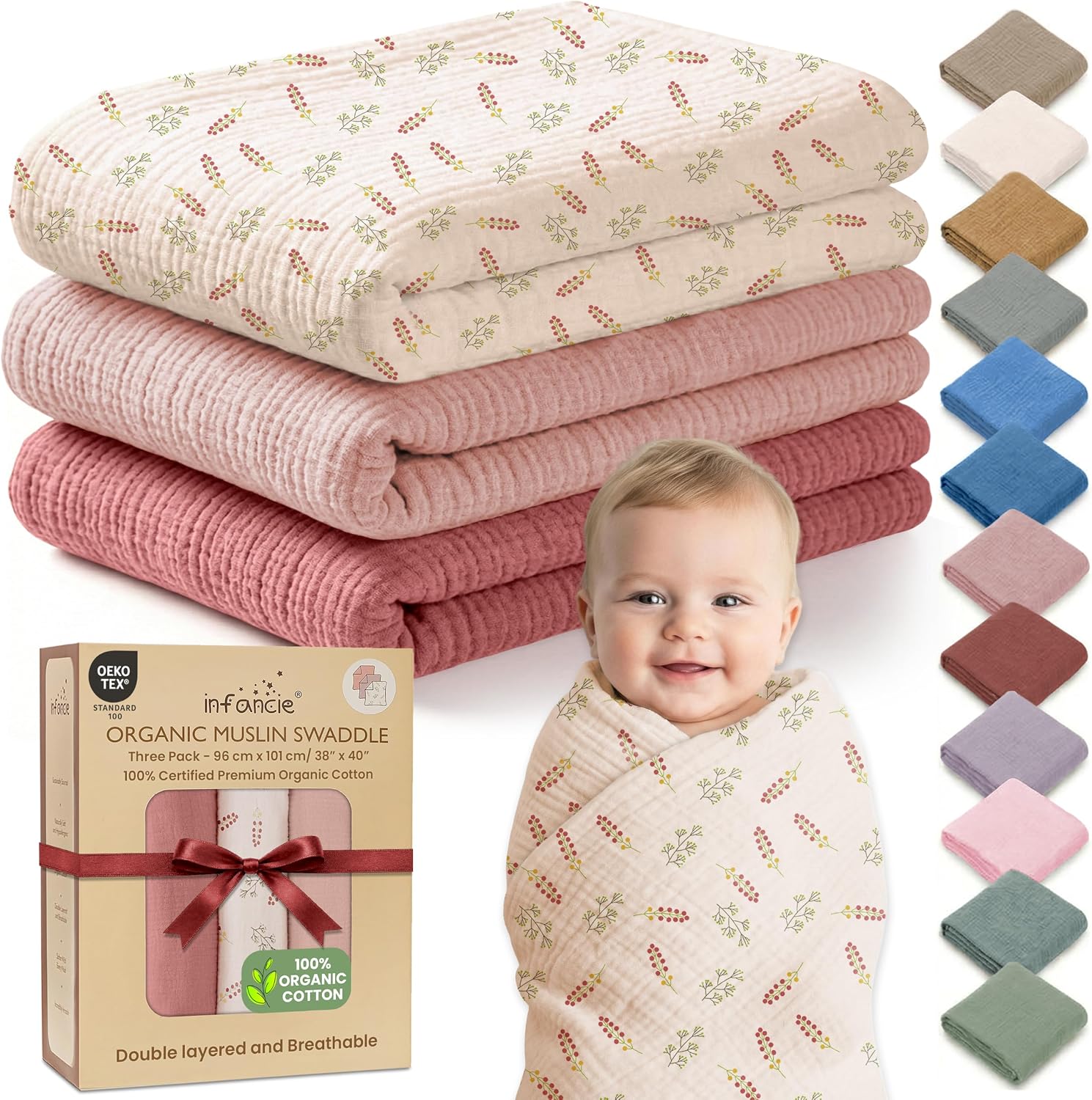 100% Organic Cotton 3 PK Baby Muslin Blanket Girl Gift 38x40 Inch