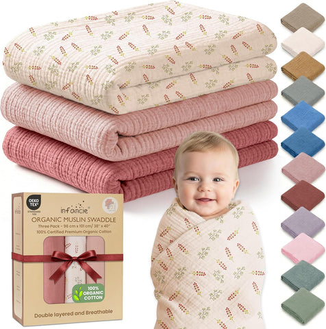 100% Organic Cotton 3 PK Baby Muslin Blanket Girl Gift 38x40 Inch