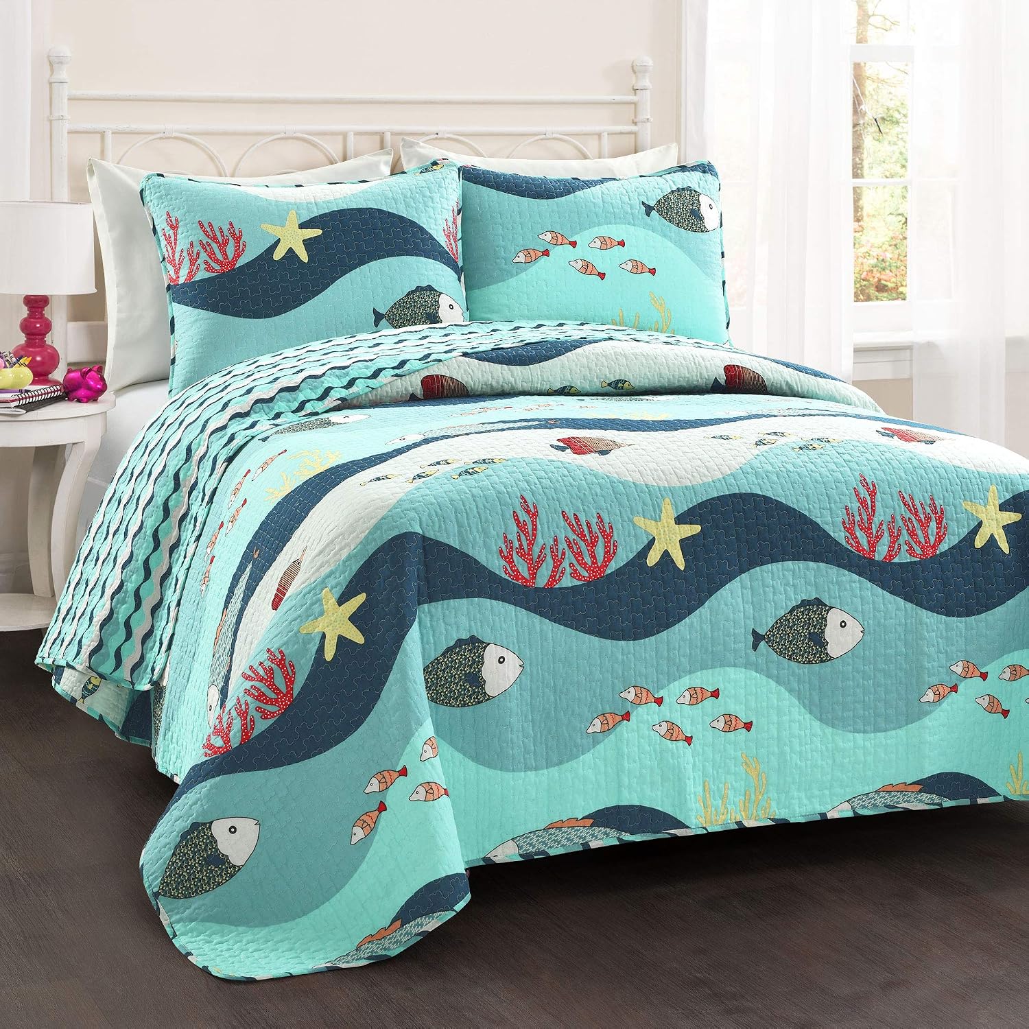 Lush Decor Sea Life Reversible Cotton Quilt Twin Size 3 Piece Set Blue - Kids Bedding Set Twin Quilt Blue - Coastal Bedroom Decor - Beach House