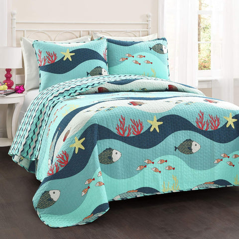 Lush Decor Sea Life Reversible Cotton Quilt Twin Size 3 Piece Set Blue - Kids Bedding Set Twin Quilt Blue - Coastal Bedroom Decor - Beach House